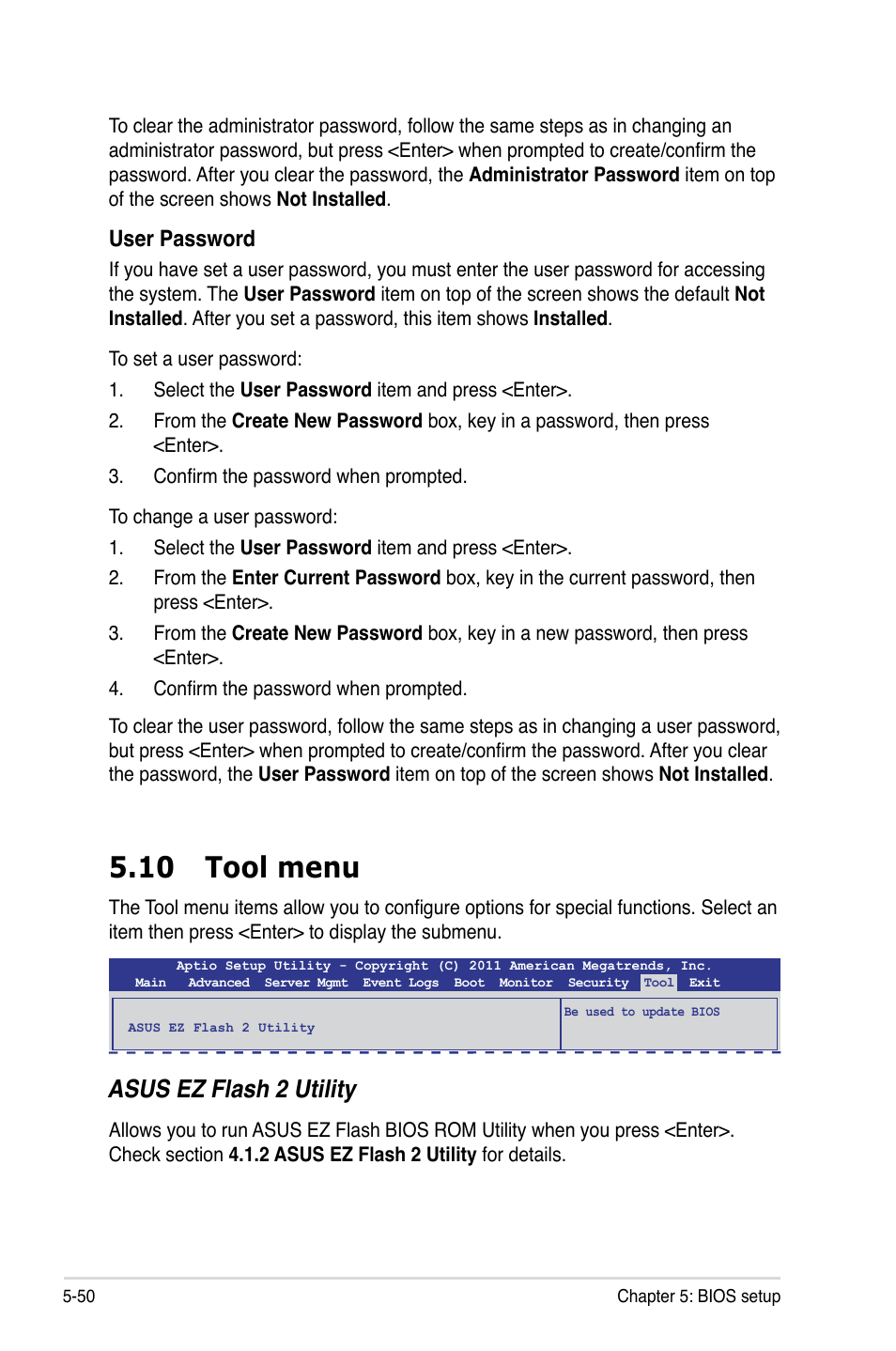 10 tool menu, 10 tool menu -50, Asus ez flash 2 utility | User password | Asus RS700-E7/RS4 User Manual | Page 114 / 196