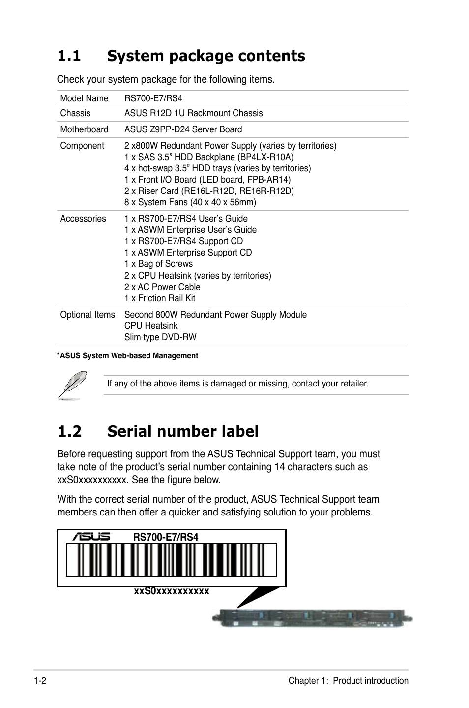 1 system package contents, 2 serial number label, System package contents -2 | Serial number label -2 | Asus RS700-E7/RS4 User Manual | Page 12 / 196