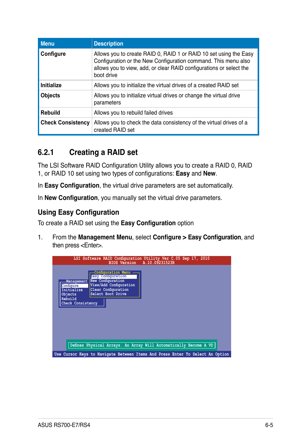 1 creating a raid set, Creating a raid set -5, Using easy configuration | Asus RS700-E7/RS4 User Manual | Page 121 / 196