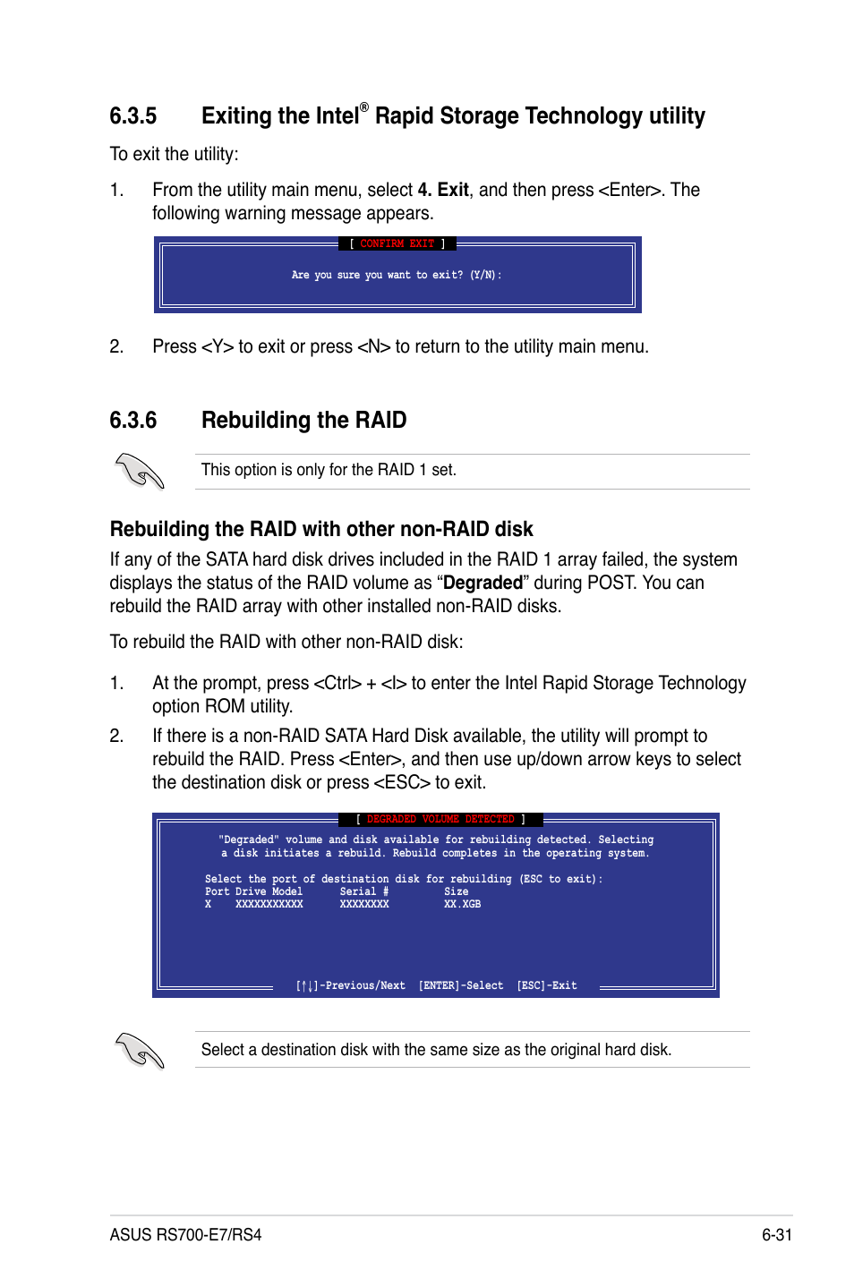 6 rebuilding the raid, Exiting the intel, Rapid storage technology utility -31 | Rebuilding the raid -31, 5 exiting the intel, Rapid storage technology utility, Rebuilding the raid with other non-raid disk | Asus RS700-E7/RS4 User Manual | Page 147 / 196