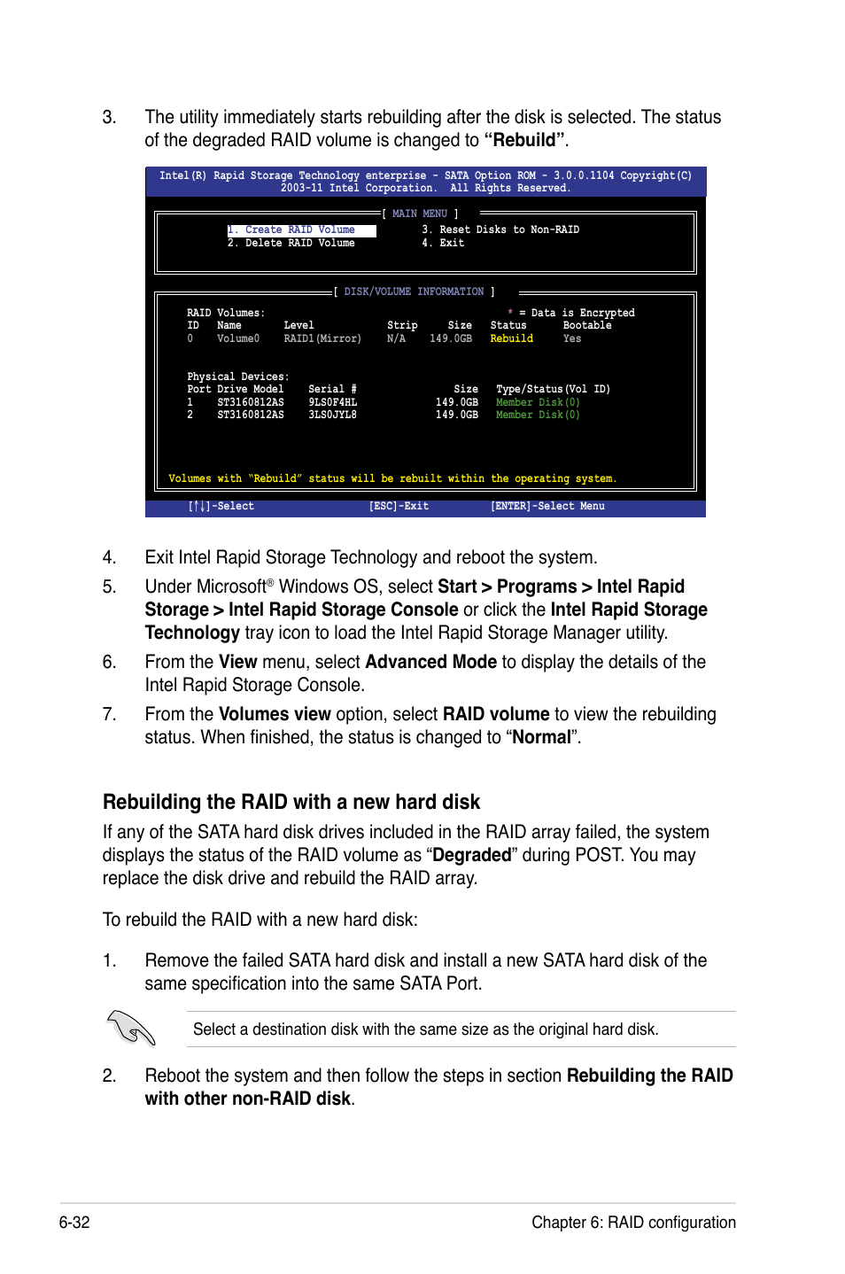 Rebuilding the raid with a new hard disk | Asus RS700-E7/RS4 User Manual | Page 148 / 196