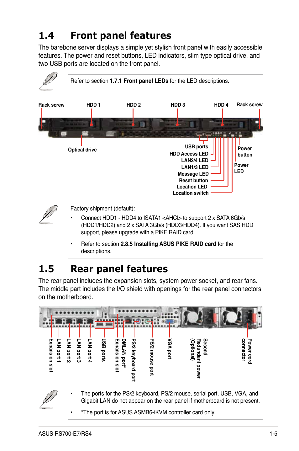 4 front panel features, 5 rear panel features, Front panel features -5 | Rear panel features -5 | Asus RS700-E7/RS4 User Manual | Page 15 / 196