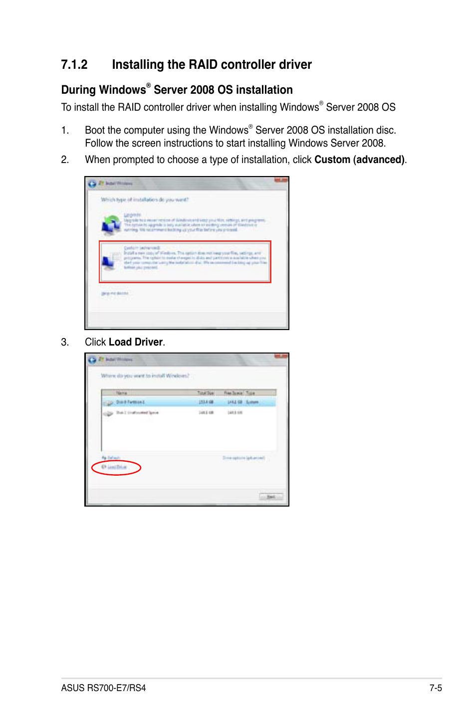 2 installing the raid controller driver, Installing the raid controller driver -5, During windows | Server 2008 os installation | Asus RS700-E7/RS4 User Manual | Page 161 / 196