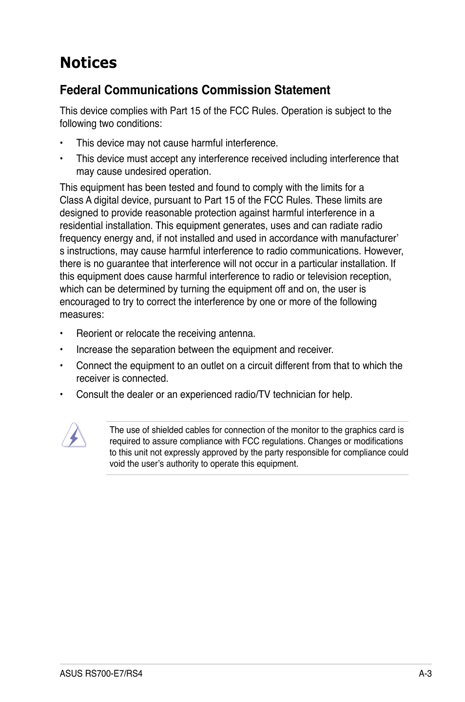 Notices, Federal communications commission statement | Asus RS700-E7/RS4 User Manual | Page 191 / 196