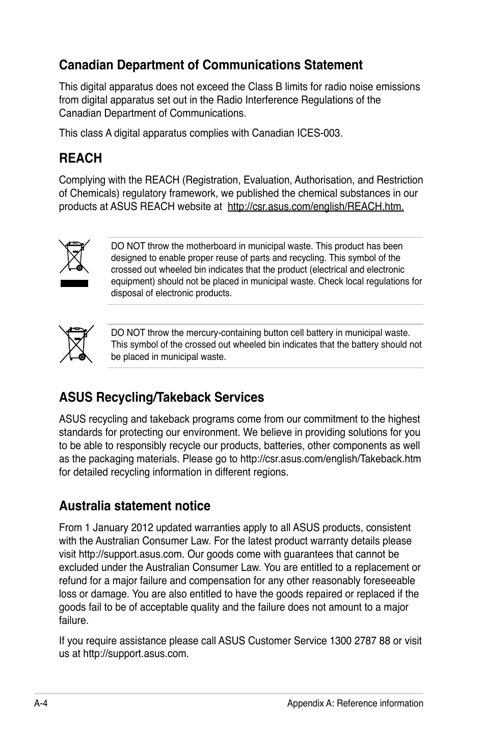 Canadian department of communications statement, Reach, Asus recycling/takeback services | Australia statement notice | Asus RS700-E7/RS4 User Manual | Page 192 / 196