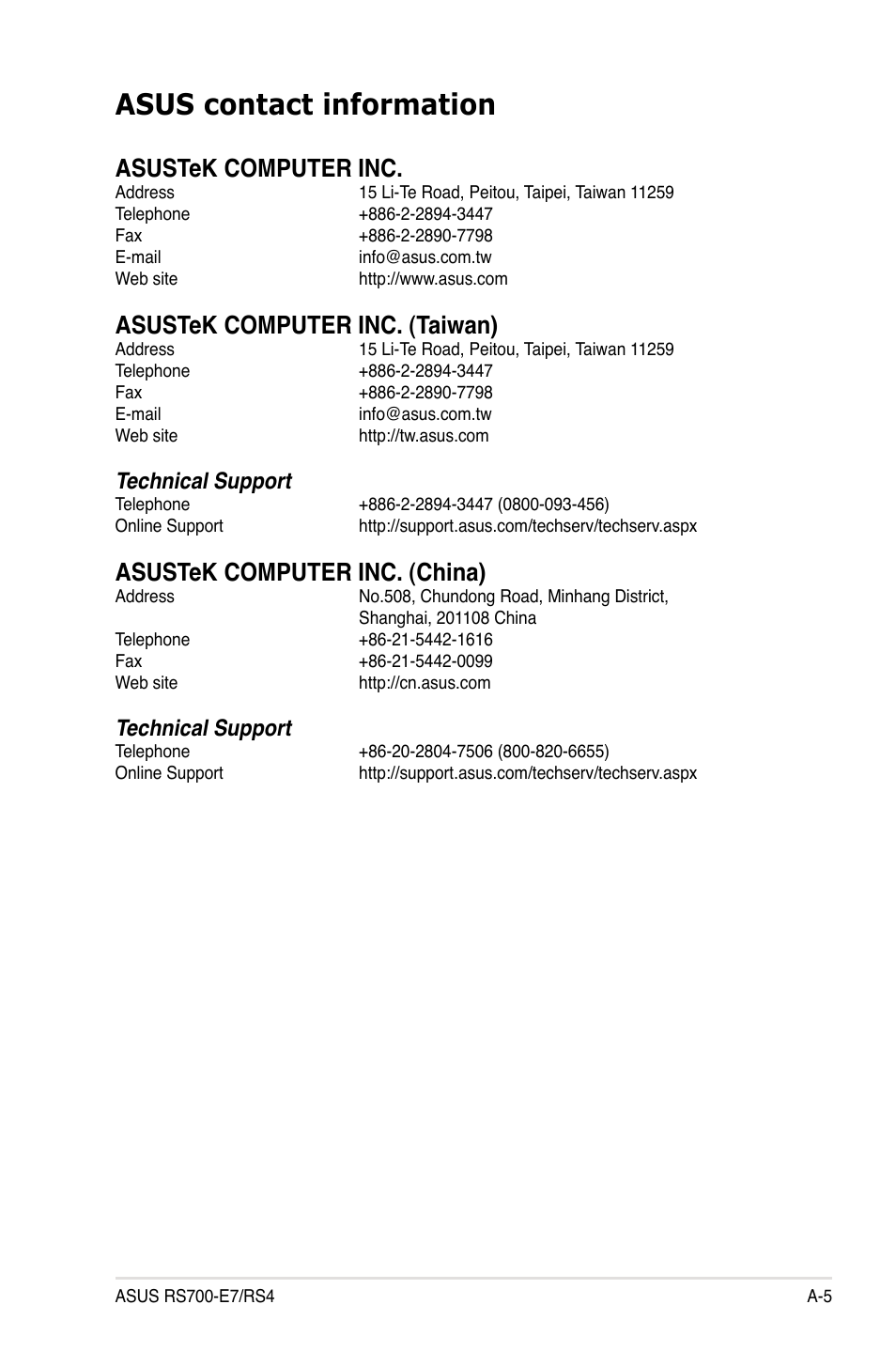 Asus contact information, Asustek computer inc, Asustek computer inc. (taiwan) | Asustek computer inc. (china), Technical support | Asus RS700-E7/RS4 User Manual | Page 193 / 196