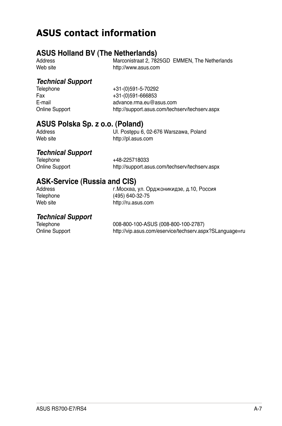 Asus contact information, Asus holland bv (the netherlands), Asus polska sp. z o.o. (poland) | Ask-service (russia and cis), Technical support | Asus RS700-E7/RS4 User Manual | Page 195 / 196