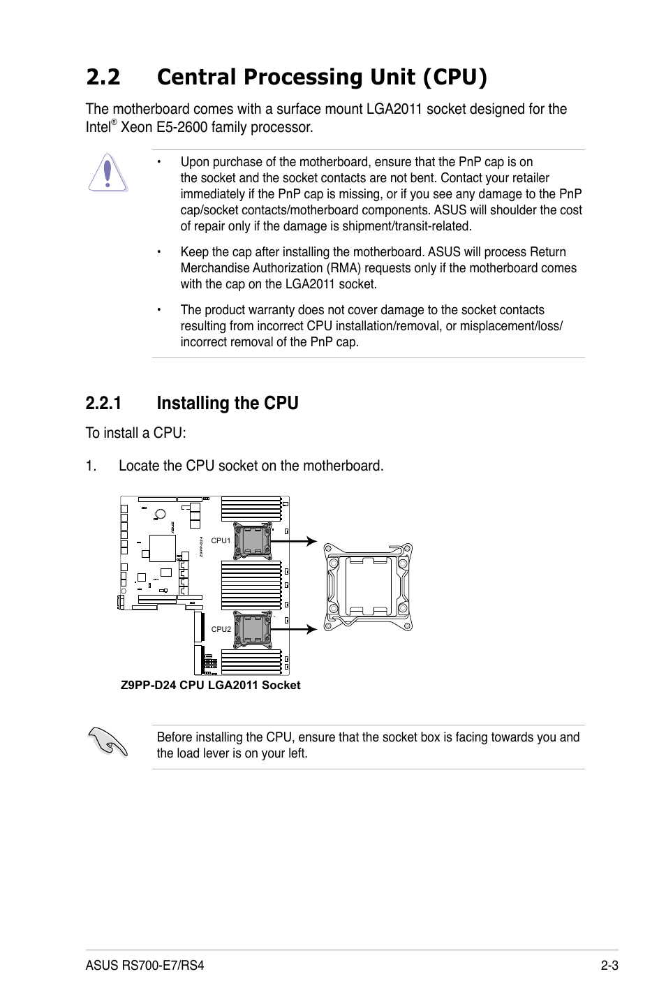 2 central processing unit (cpu), 1 installing the cpu, Central processing unit (cpu) -3 2.2.1 | Installing the cpu -3 | Asus RS700-E7/RS4 User Manual | Page 21 / 196