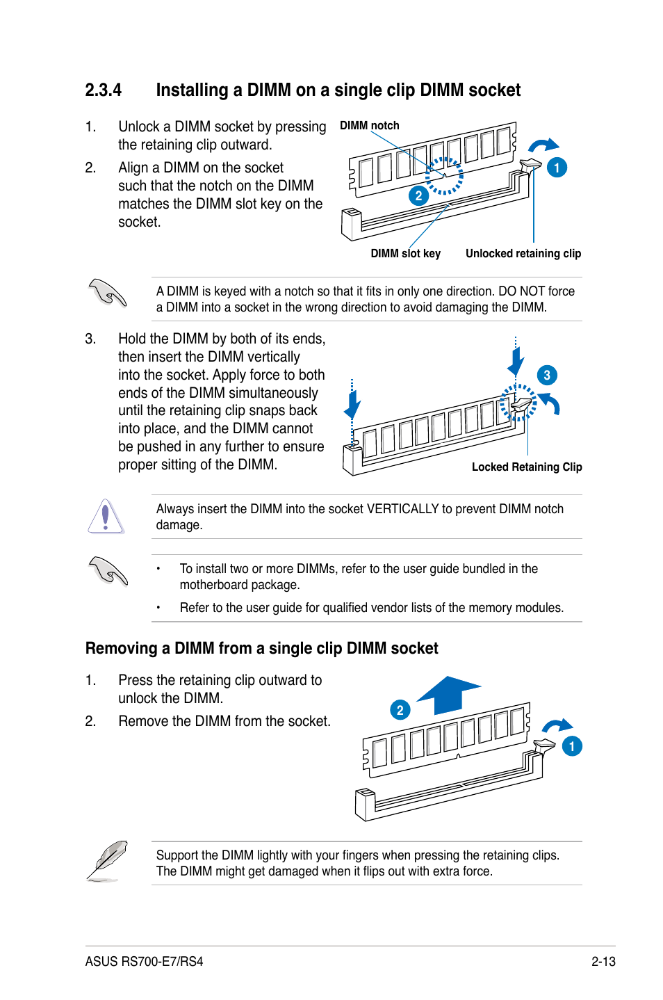 4 installing a dimm on a single clip dimm socket, Installing a dimm on a single clip dimm socket -13, Removing a dimm from a single clip dimm socket | Asus RS700-E7/RS4 User Manual | Page 31 / 196