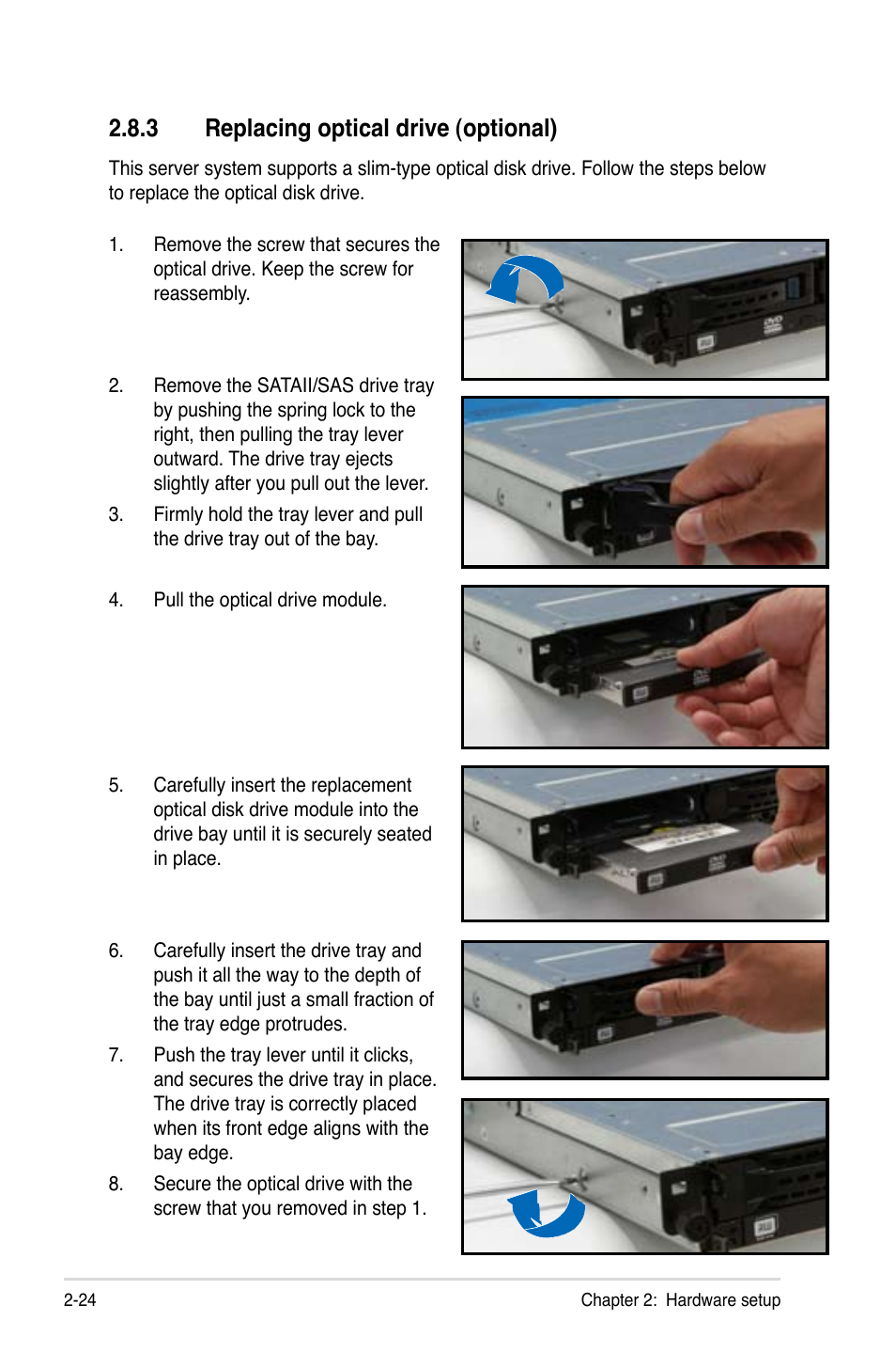 3 replacing optical drive (optional), Replacing optical drive (optional) -24 | Asus RS700-E7/RS4 User Manual | Page 42 / 196