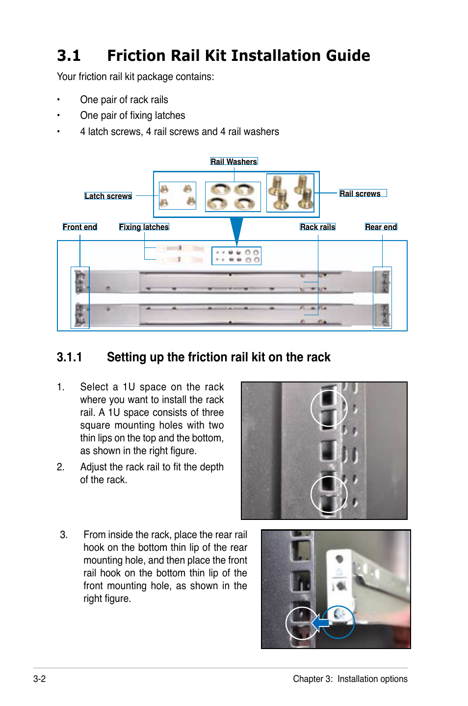 1 friction rail kit installation guide, 1 setting up the friction rail kit on the rack, Friction rail kit installation guide -2 3.1.1 | Setting up the friction rail kit on the rack -2 | Asus RS700-E7/RS4 User Manual | Page 46 / 196