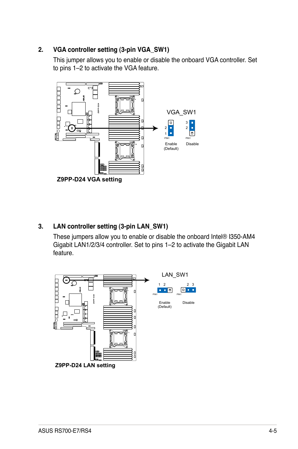 Z9pp-d24 vga setting, Vga_sw1, Z9pp-d24 lan setting | Lan_sw1 | Asus RS700-E7/RS4 User Manual | Page 53 / 196