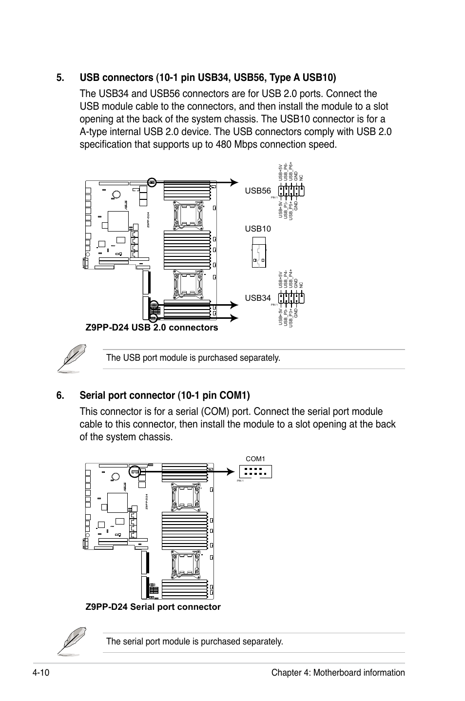 10 chapter 4: motherboard information, The serial port module is purchased separately, The usb port module is purchased separately | Z9pp-d24 serial port connector | Asus RS700-E7/RS4 User Manual | Page 58 / 196