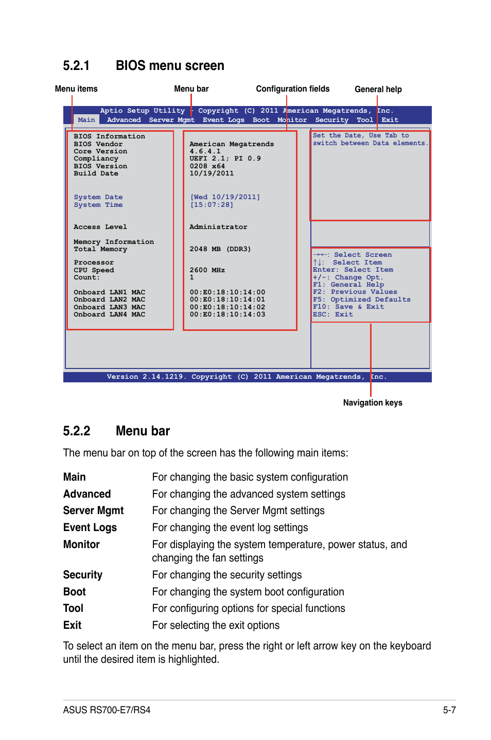 1 bios menu screen, 2 menu bar, Bios menu screen -7 | Menu bar -7 | Asus RS700-E7/RS4 User Manual | Page 71 / 196