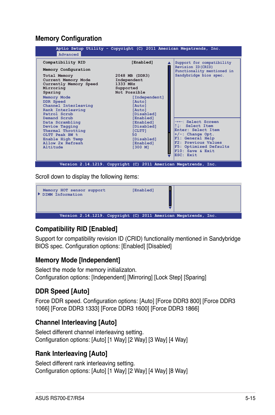 Compatibility rid [enabled, Ddr speed [auto, Channel interleaving [auto | Rank interleaving [auto, Scroll down to display the following items | Asus RS700-E7/RS4 User Manual | Page 79 / 196