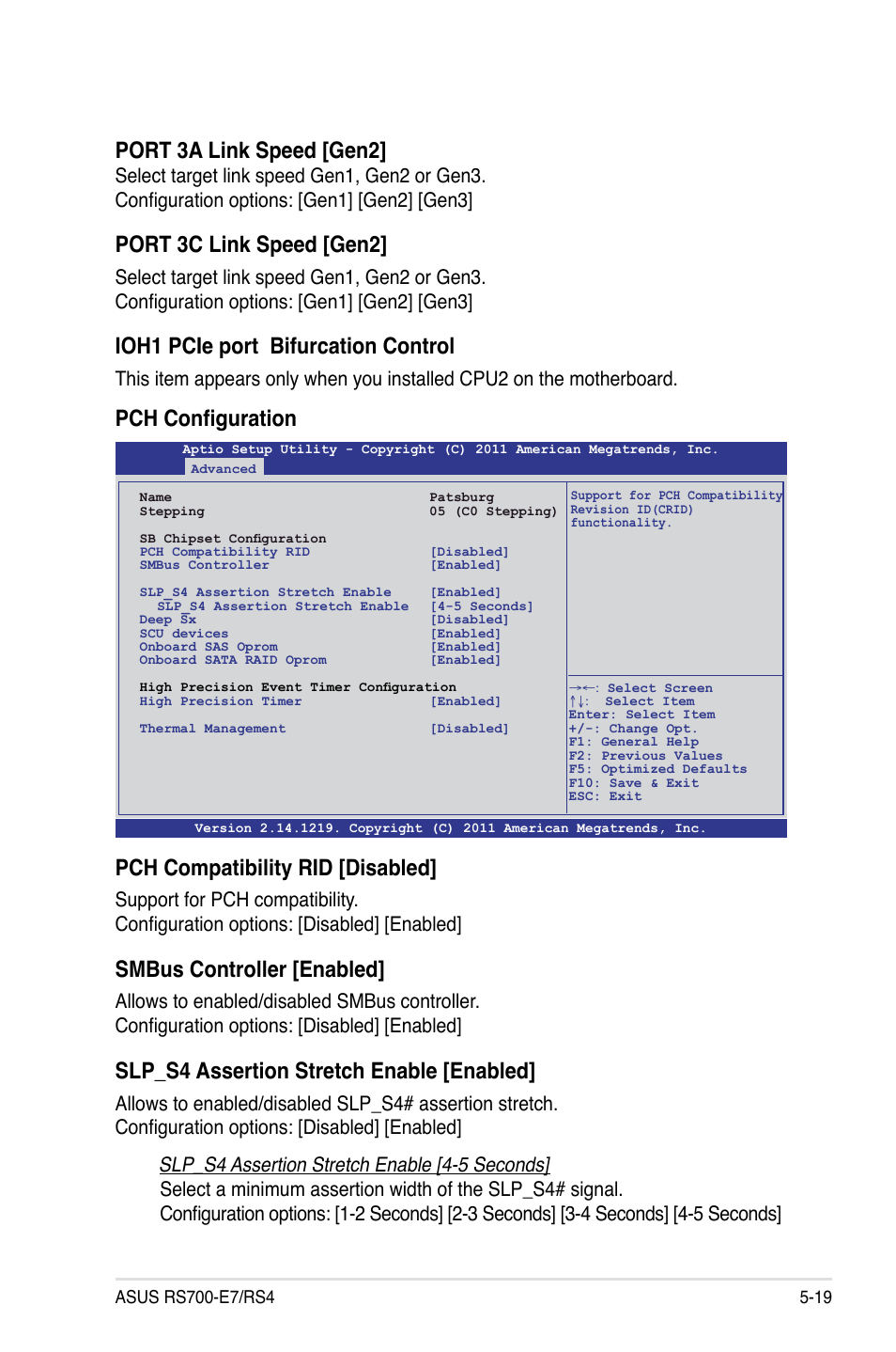 Pch configuration pch compatibility rid [disabled, Smbus controller [enabled, Slp_s4 assertion stretch enable [enabled | Port 3a link speed [gen2, Port 3c link speed [gen2, Ioh1 pcie port bifurcation control | Asus RS700-E7/RS4 User Manual | Page 83 / 196