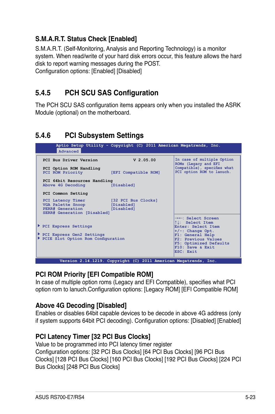 5 pch scu sas configuration, 6 pci subsystem settings, Pch scu sas configuration -23 | Pci subsystem settings -23, S.m.a.r.t. status check [enabled, Pci rom priority [efi compatible rom, Above 4g decoding [disabled, Pci latency timer [32 pci bus clocks | Asus RS700-E7/RS4 User Manual | Page 87 / 196