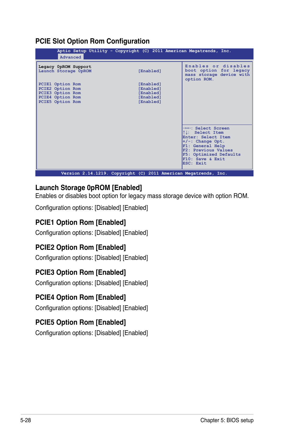 Pcie slot option rom configuration, Launch storage 0prom [enabled, Pcie1 option rom [enabled | Pcie2 option rom [enabled, Pcie3 option rom [enabled, Pcie4 option rom [enabled, Pcie5 option rom [enabled, Configuration options: [disabled] [enabled | Asus RS700-E7/RS4 User Manual | Page 92 / 196