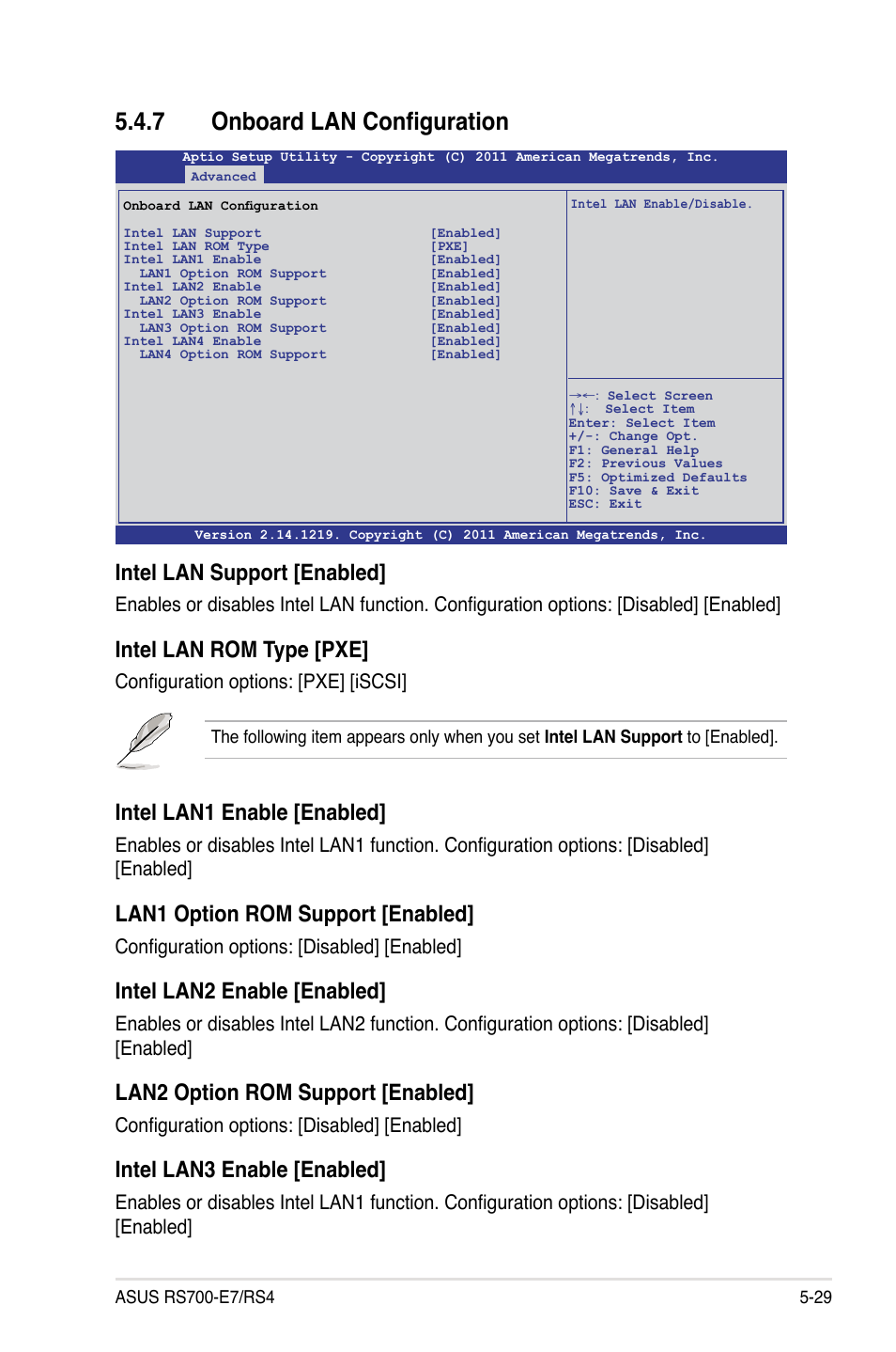 7 onboard lan configuration, Onboard lan configuration -29, Intel lan1 enable [enabled | Lan1 option rom support [enabled, Intel lan2 enable [enabled, Lan2 option rom support [enabled, Intel lan3 enable [enabled, Intel lan support [enabled, Intel lan rom type [pxe, Configuration options: [disabled] [enabled | Asus RS700-E7/RS4 User Manual | Page 93 / 196