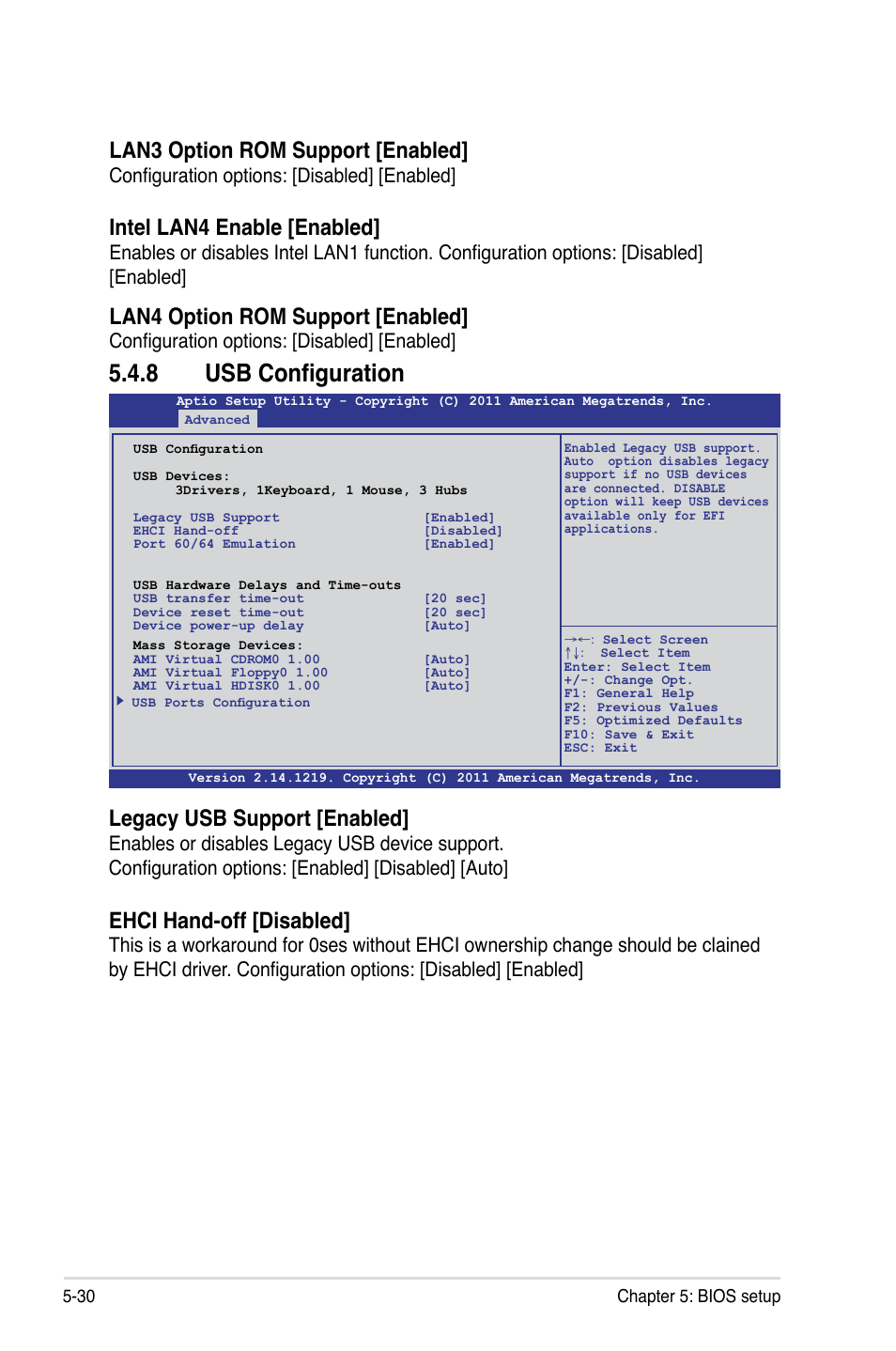 8 usb configuration, Usb configuration -30, Lan3 option rom support [enabled | Intel lan4 enable [enabled, Lan4 option rom support [enabled, Legacy usb support [enabled, Ehci hand-off [disabled, Configuration options: [disabled] [enabled | Asus RS700-E7/RS4 User Manual | Page 94 / 196