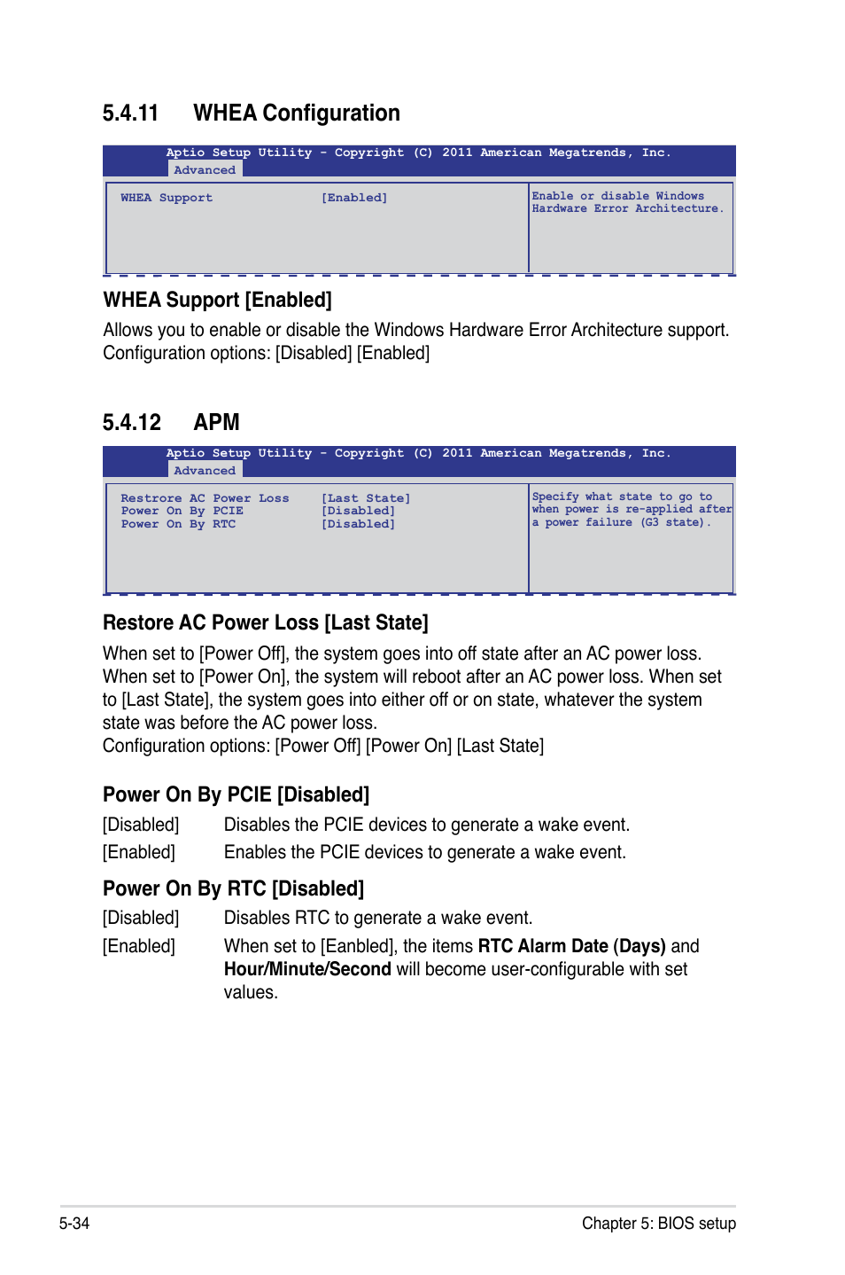 11 whea configuration, 12 apm, 11 whea configuration -34 5.4.12 apm -34 | Whea support [enabled, Restore ac power loss [last state, Power on by pcie [disabled, Power on by rtc [disabled | Asus RS700-E7/RS4 User Manual | Page 98 / 196