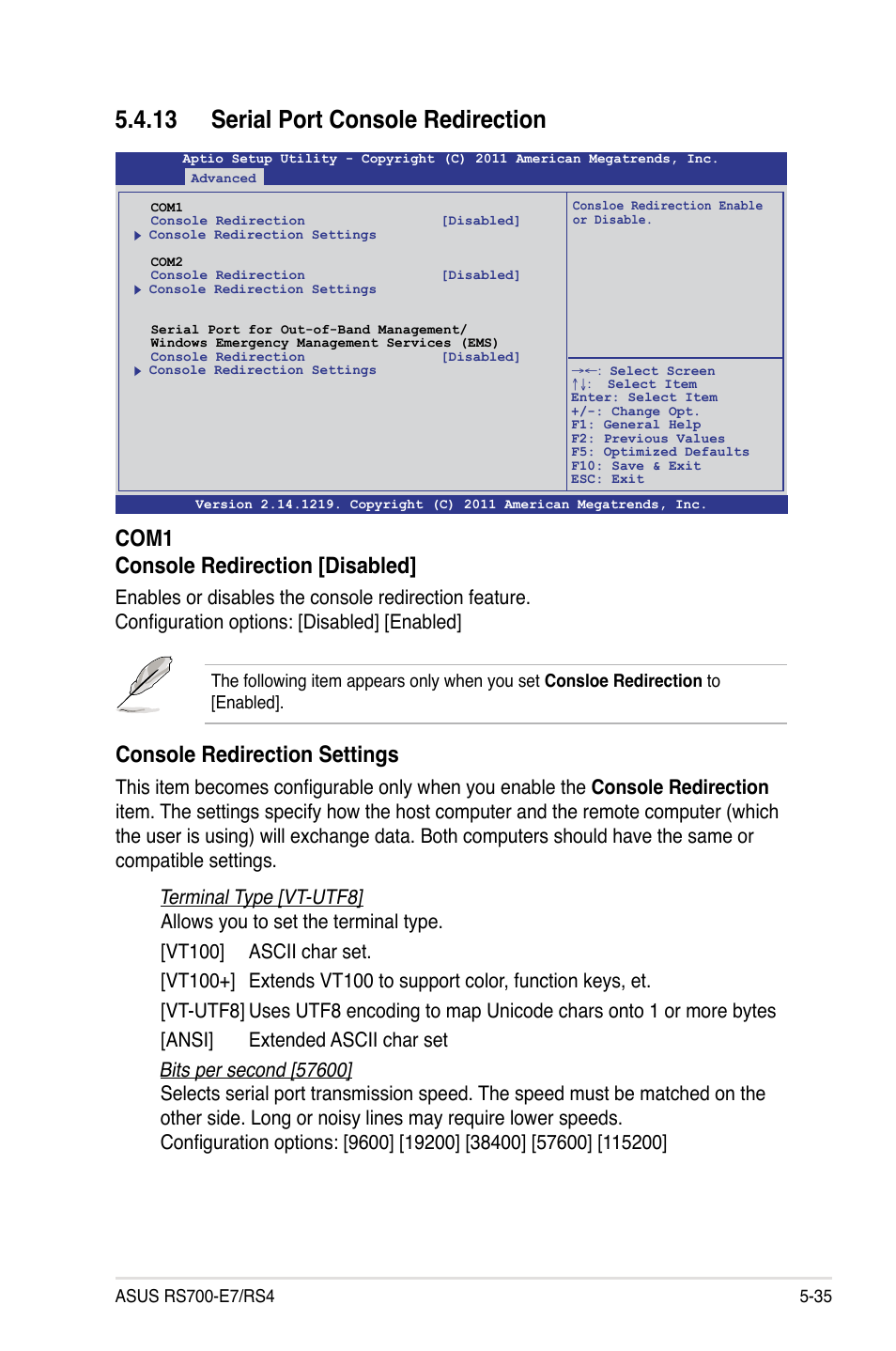13 serial port console redirection, 13 serial port console redirection -35, Console redirection settings | Com1 console redirection [disabled | Asus RS700-E7/RS4 User Manual | Page 99 / 196