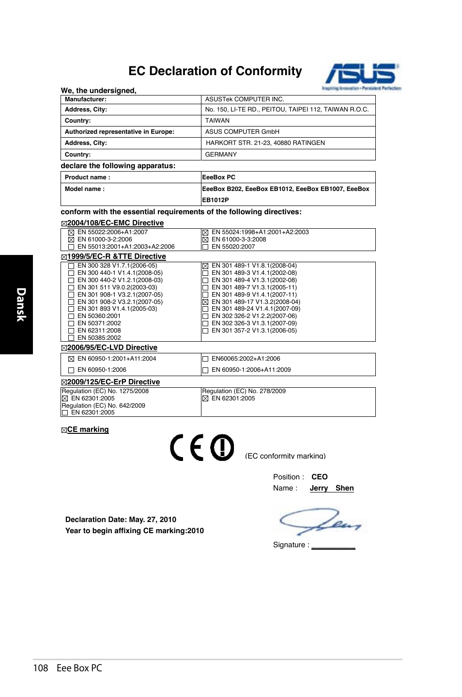 Dansk, Ec declaration of conformity, 108 eee box pc | Asus EB1007 User Manual | Page 108 / 181