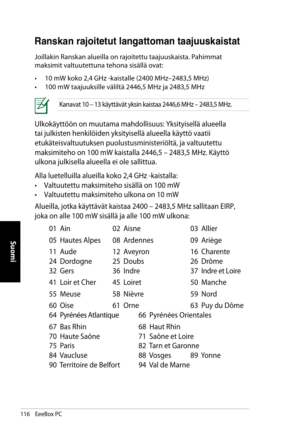 Ranskan rajoitetut langattoman taajuuskaistat | Asus EB1007 User Manual | Page 116 / 181