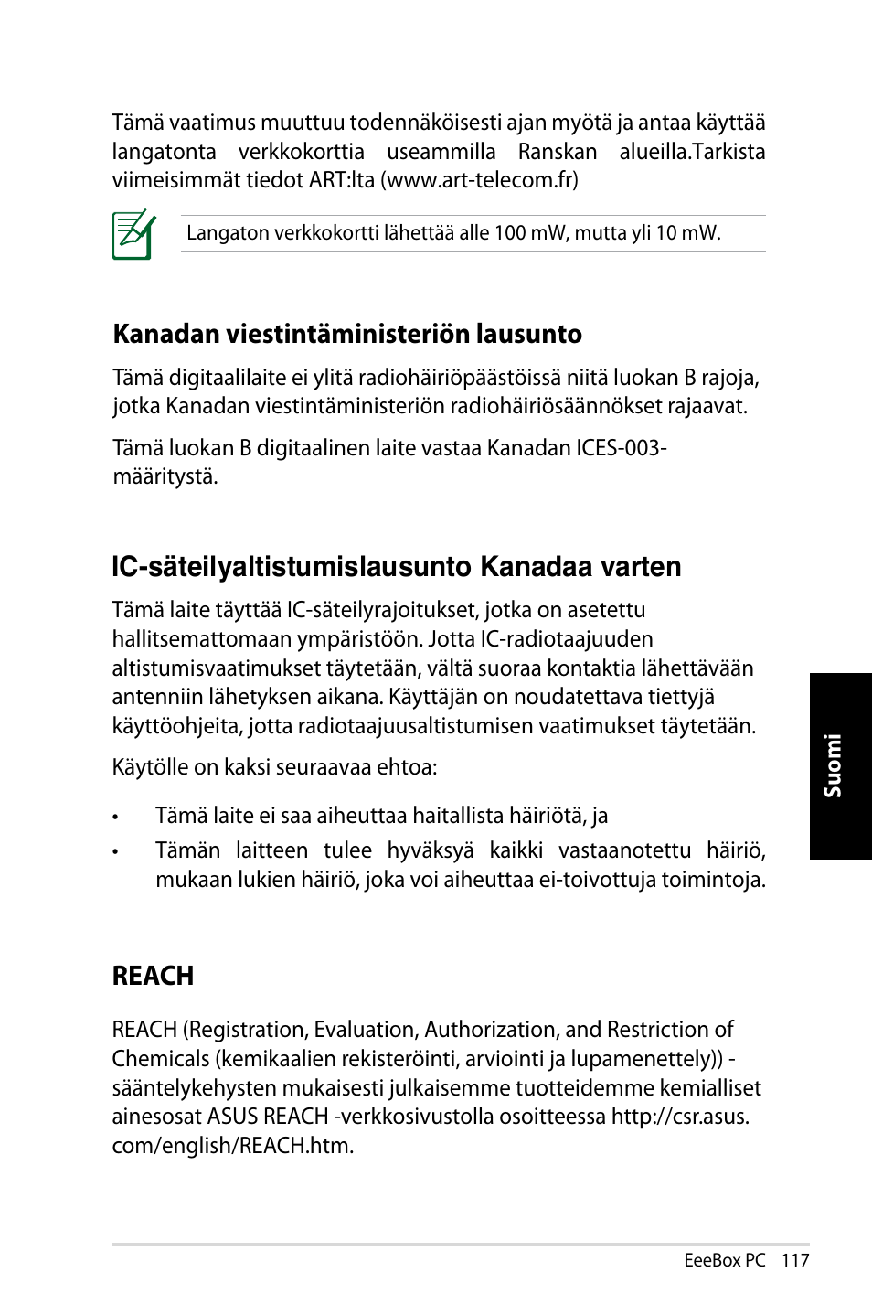 Kanadan viestintäministeriön lausunto, Ic-säteilyaltistumislausunto kanadaa varten, Reach | Asus EB1007 User Manual | Page 117 / 181