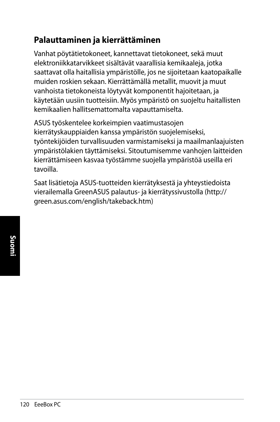 Palauttaminen ja kierrättäminen | Asus EB1007 User Manual | Page 120 / 181