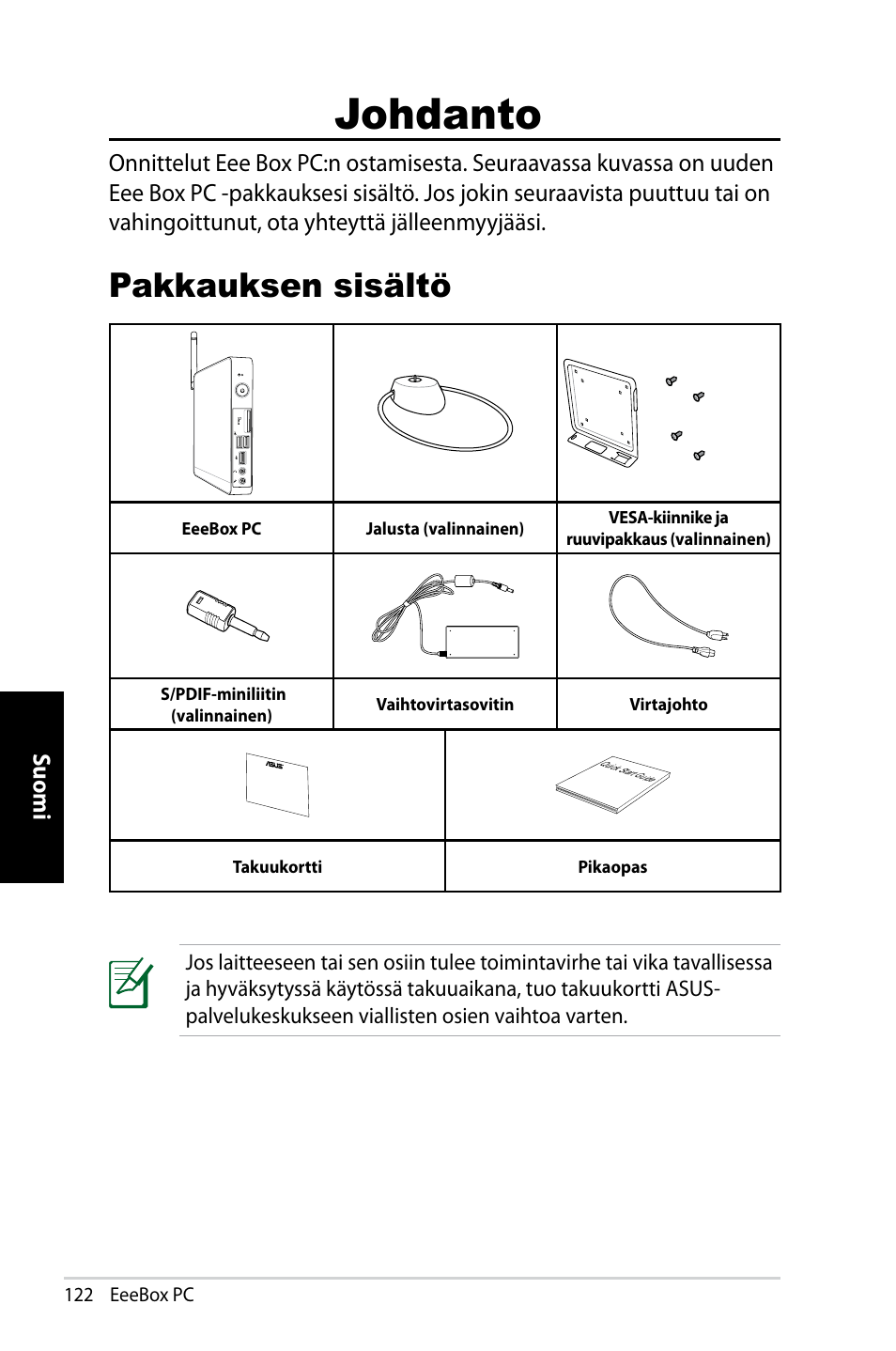 Johdanto, Pakkauksen sisältö | Asus EB1007 User Manual | Page 122 / 181