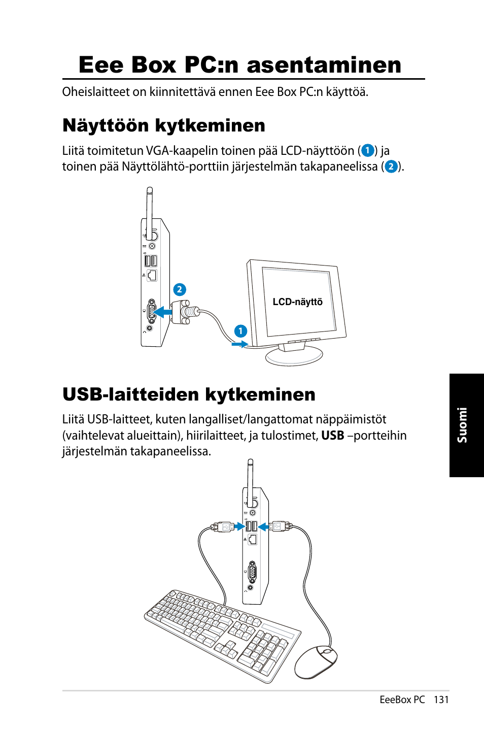 Eee box pc:n asentaminen, Näyttöön kytkeminen, Usb-laitteiden kytkeminen | Näyttöön kytkeminen usb-laitteiden kytkeminen | Asus EB1007 User Manual | Page 131 / 181