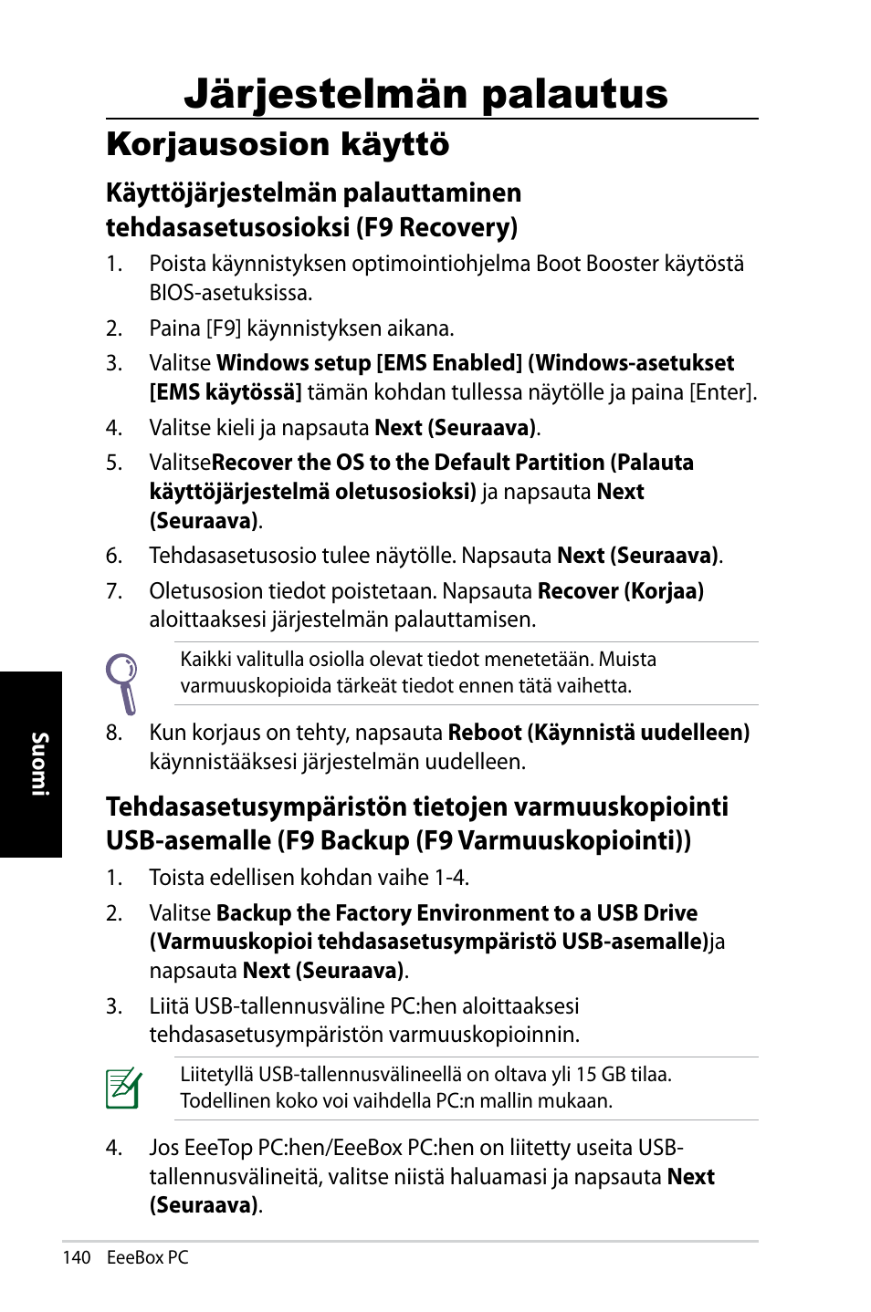 Järjestelmän palautus, Korjausosion käyttö | Asus EB1007 User Manual | Page 140 / 181