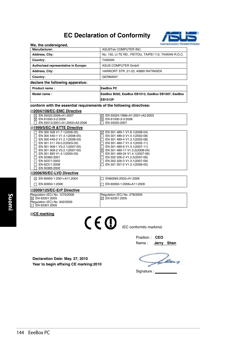 Suomi, Ec declaration of conformity, 1 eeebox pc | Asus EB1007 User Manual | Page 144 / 181