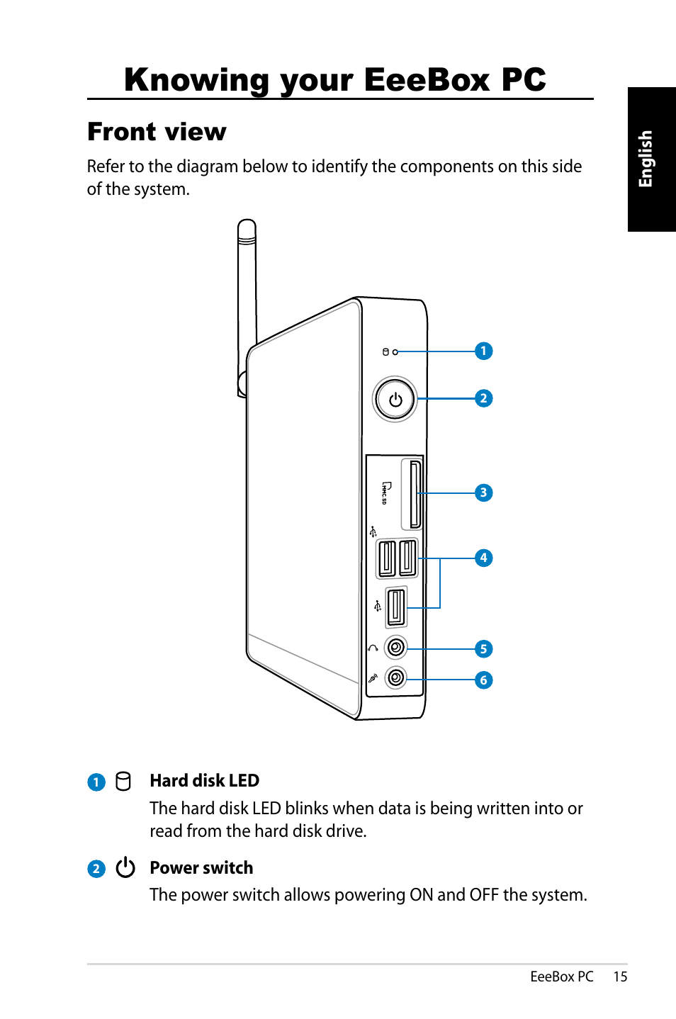 Knowing your eeebox pc, Front view | Asus EB1007 User Manual | Page 15 / 181