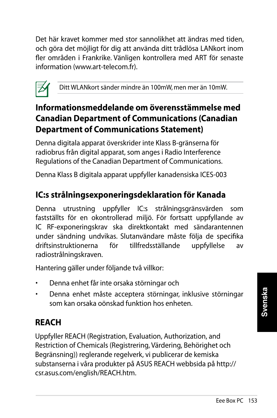 Ic:s strålningsexponeringsdeklaration för kanada, Reach | Asus EB1007 User Manual | Page 153 / 181