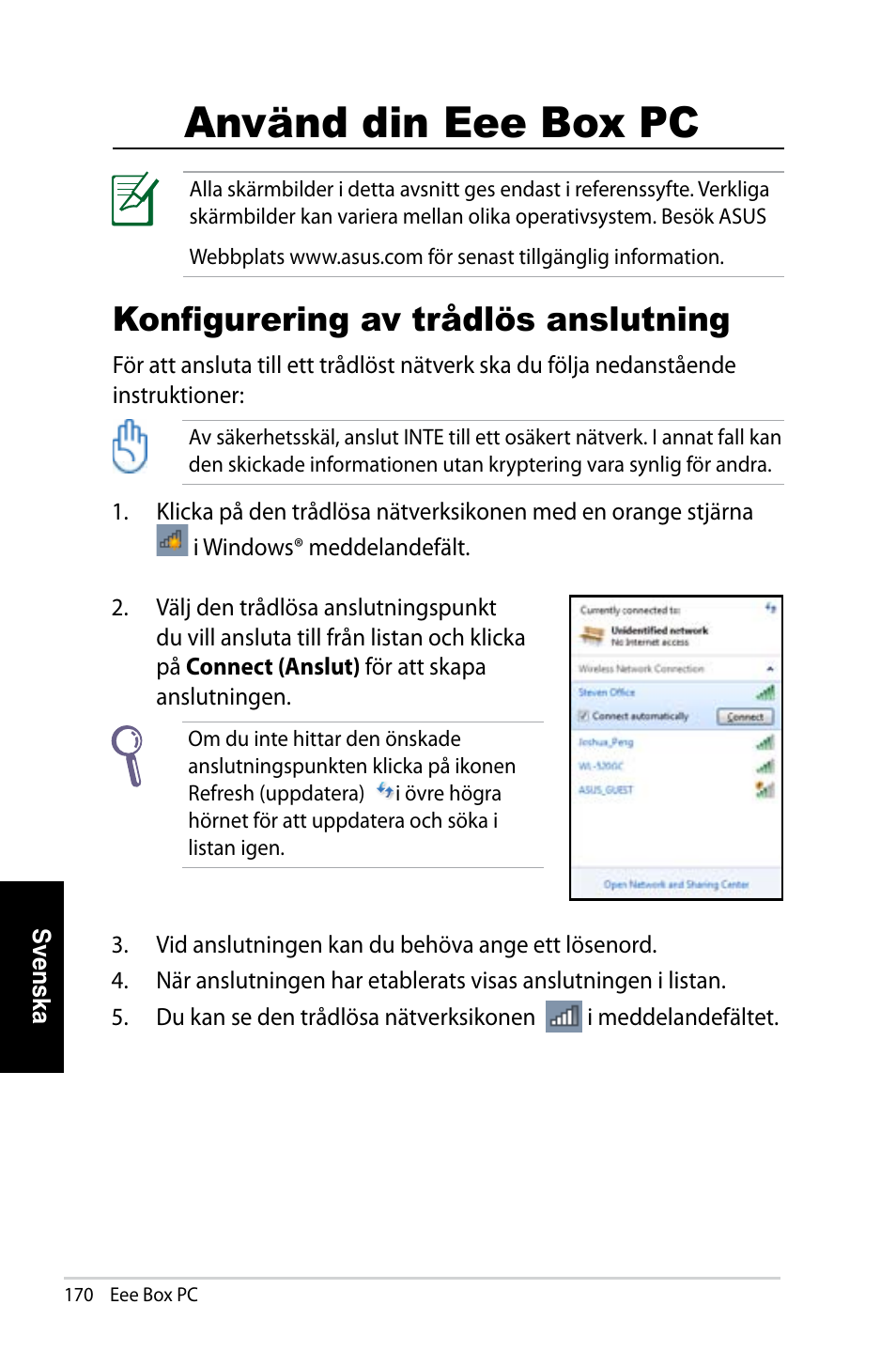 Använd din eee box pc, Konfigurering av trådlös anslutning | Asus EB1007 User Manual | Page 170 / 181