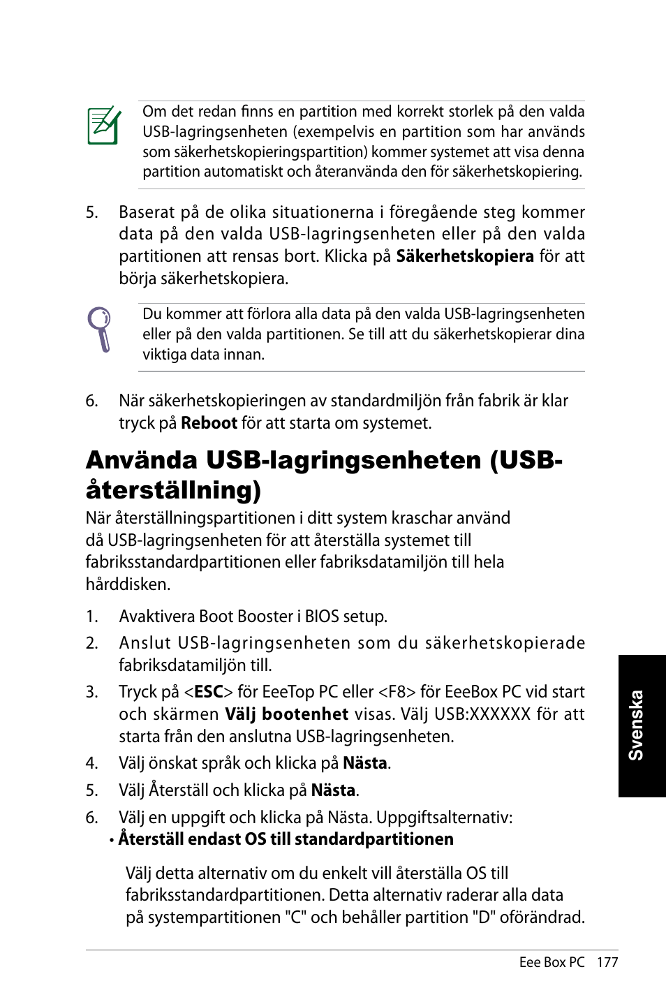 Använda usb-lagringsenheten (usb-återställning), Använda usb-lagringsenheten (usb- återställning) | Asus EB1007 User Manual | Page 177 / 181