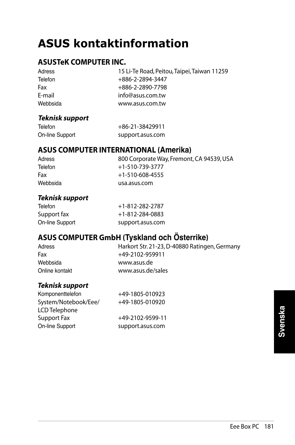 Asus kontaktinformation, Svenska, Asustek computer inc | Asus computer international ( amerika), Asus computer gmbh ( tyskland och österrike) | Asus EB1007 User Manual | Page 181 / 181