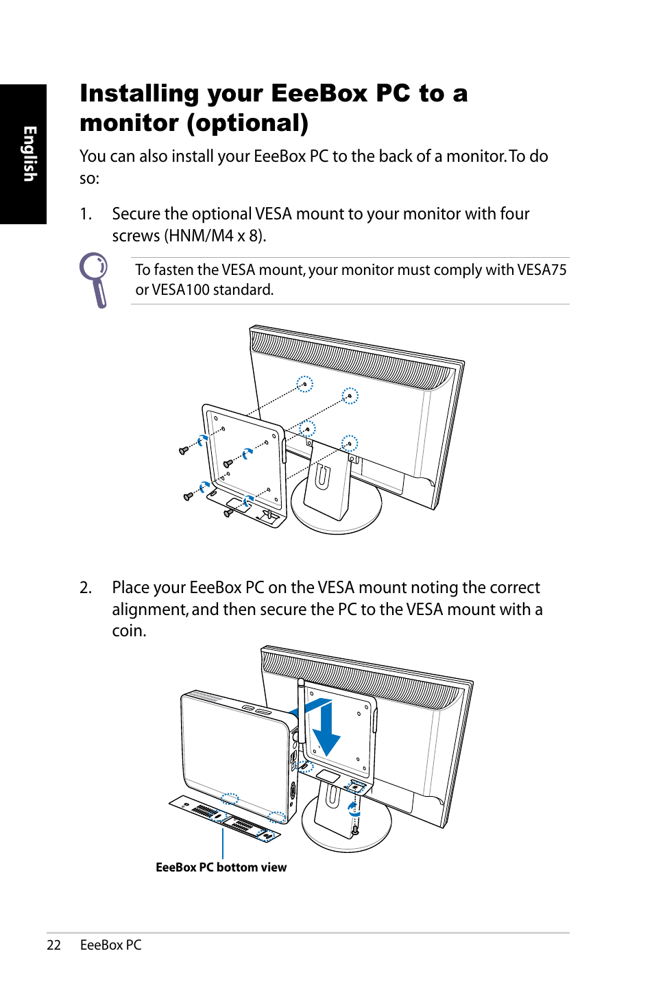 Installing your eeebox pc to a monitor (optional) | Asus EB1007 User Manual | Page 22 / 181