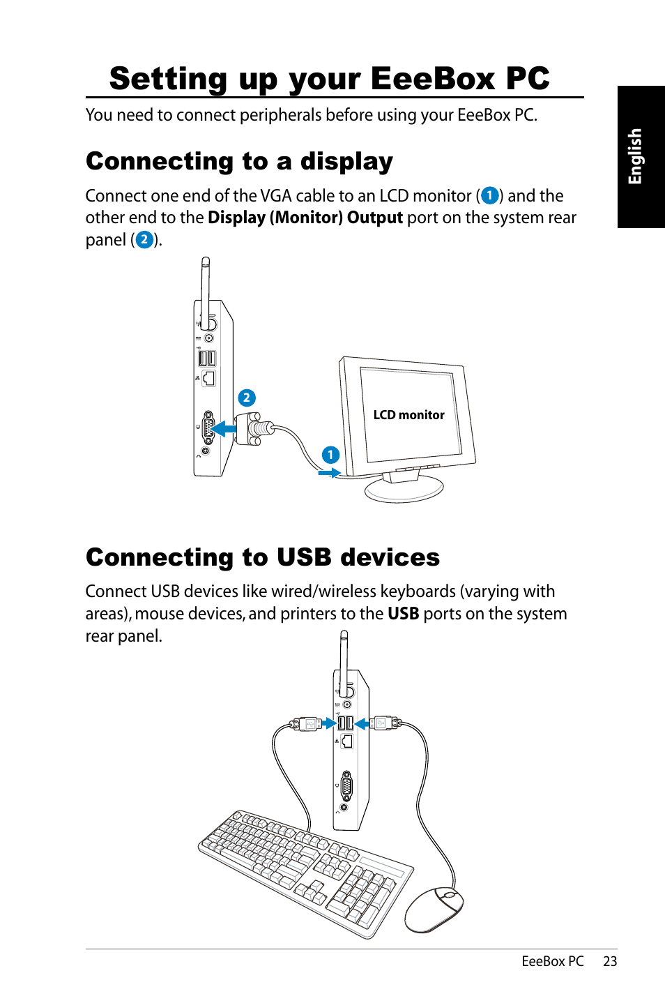 Setting up your eeebox pc, Connecting to a display, Connecting to usb devices | Connecting to a display connecting to usb devices | Asus EB1007 User Manual | Page 23 / 181