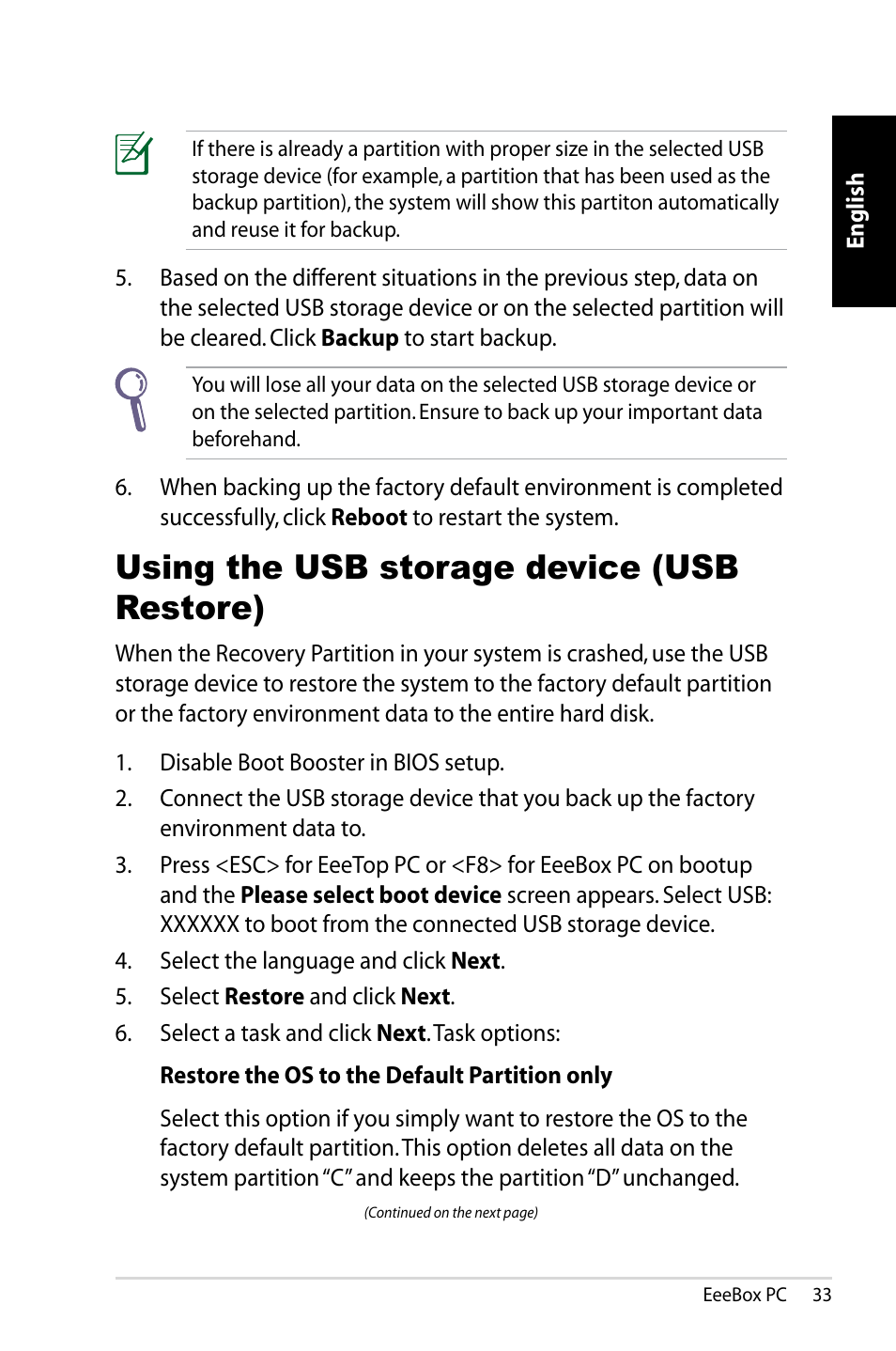 Using the usb storage device (usb restore) | Asus EB1007 User Manual | Page 33 / 181