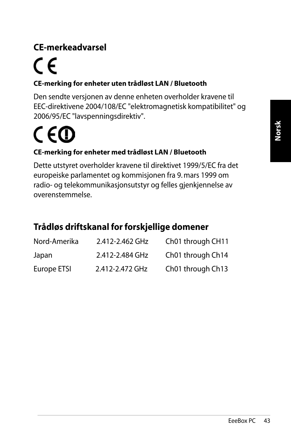 Trådløs driftskanal for forskjellige domener, Ce-merkeadvarsel | Asus EB1007 User Manual | Page 43 / 181