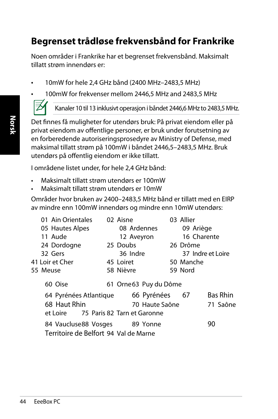 Begrenset trådløse frekvensbånd for frankrike | Asus EB1007 User Manual | Page 44 / 181