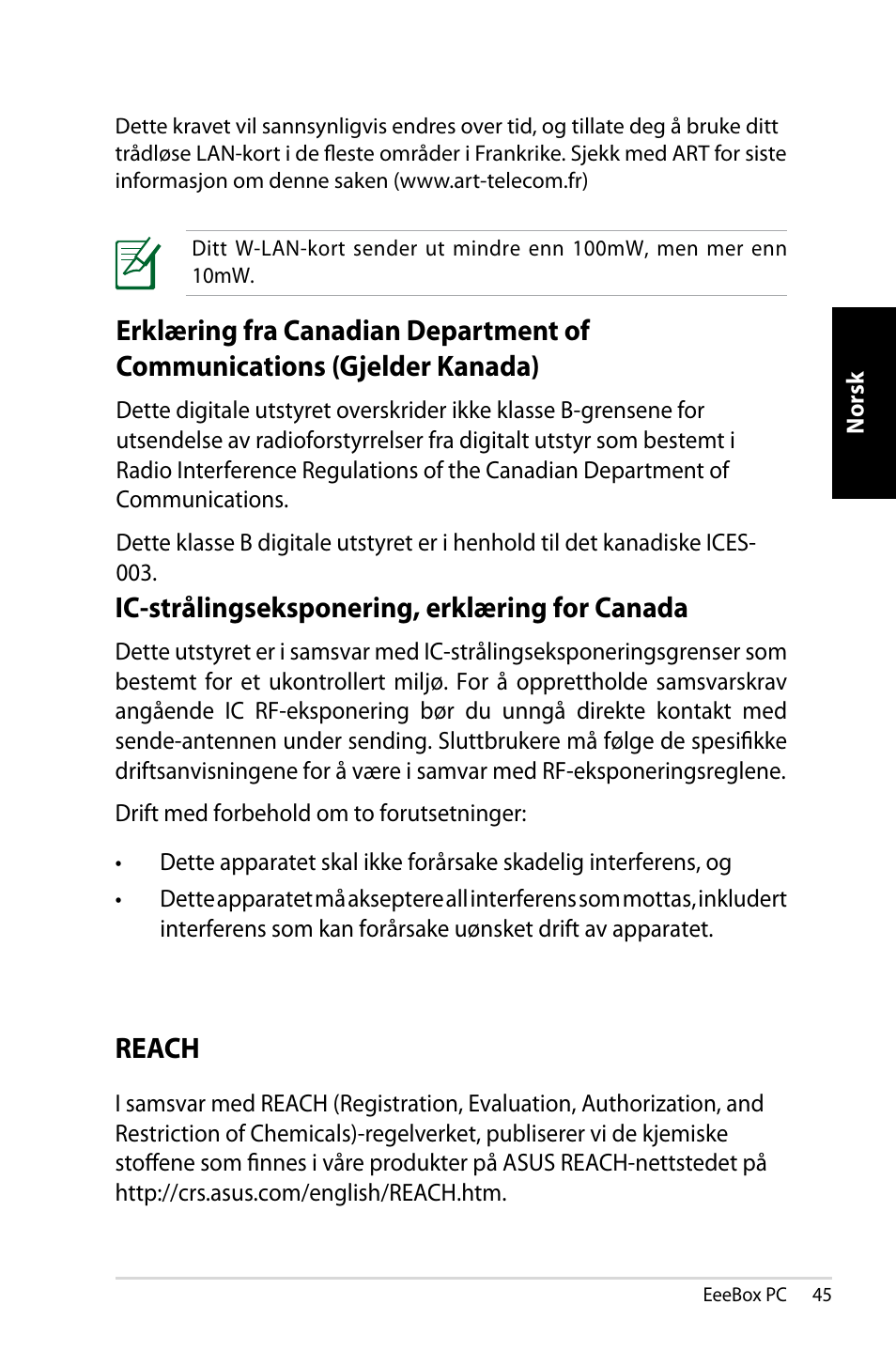 Reach, Ic-strålingseksponering, erklæring for canada | Asus EB1007 User Manual | Page 45 / 181