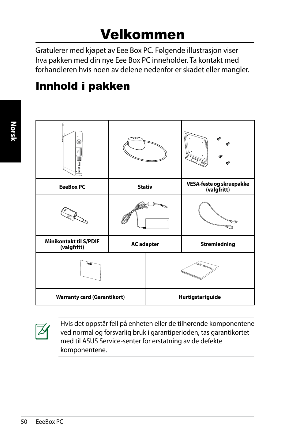 Velkommen, Innhold i pakken | Asus EB1007 User Manual | Page 50 / 181