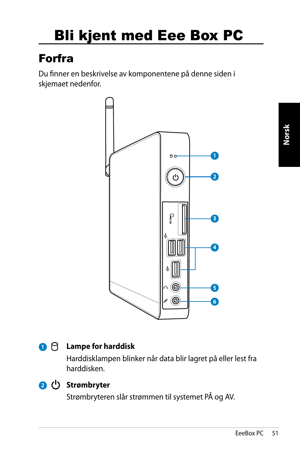 Bli kjent med eee box pc, Forfra | Asus EB1007 User Manual | Page 51 / 181