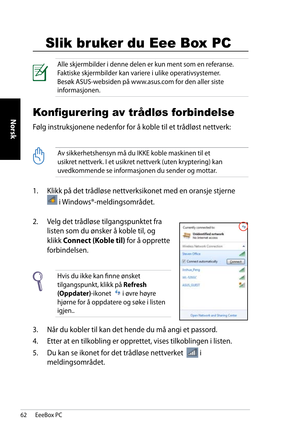 Slik bruker du eee box pc, Konfigurering av trådløs forbindelse | Asus EB1007 User Manual | Page 62 / 181