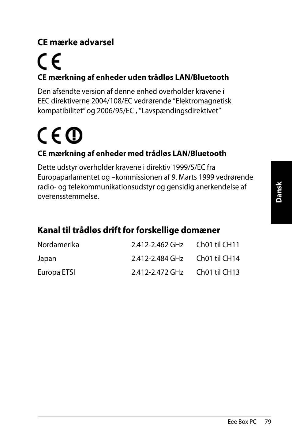 Kanal til trådløs drift for forskellige domæner, Ce mærke advarsel | Asus EB1007 User Manual | Page 79 / 181