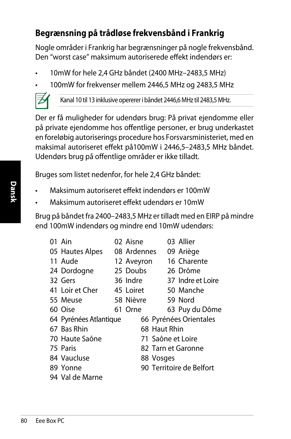 Begrænsning på trådløse frekvensbånd i frankrig | Asus EB1007 User Manual | Page 80 / 181